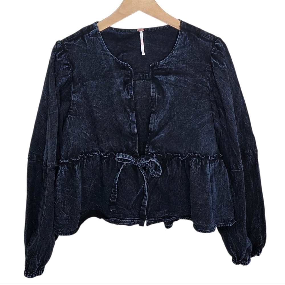 Free People Brunch Babe Blouse Boho Jacket Black Washed Denim Tie Front Size XS